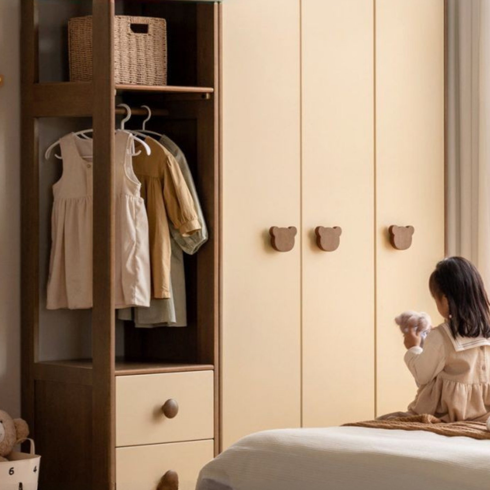 Solid RubberWood Kids Wardrobe Closet with Bear Handles and Storage Drawers
