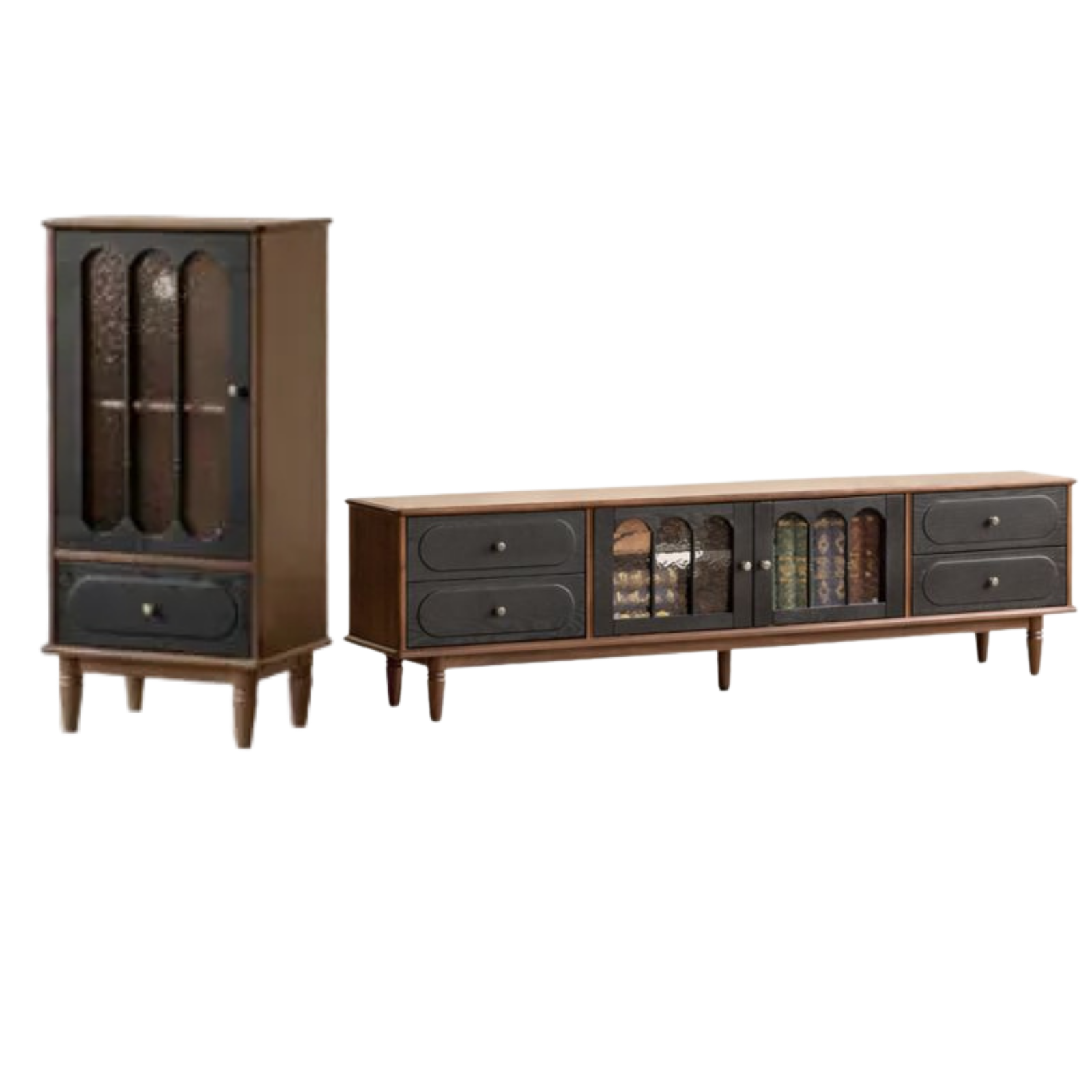 Black Walnut +ash Solid Wood  French Country TV Console with Arched Glass Doors