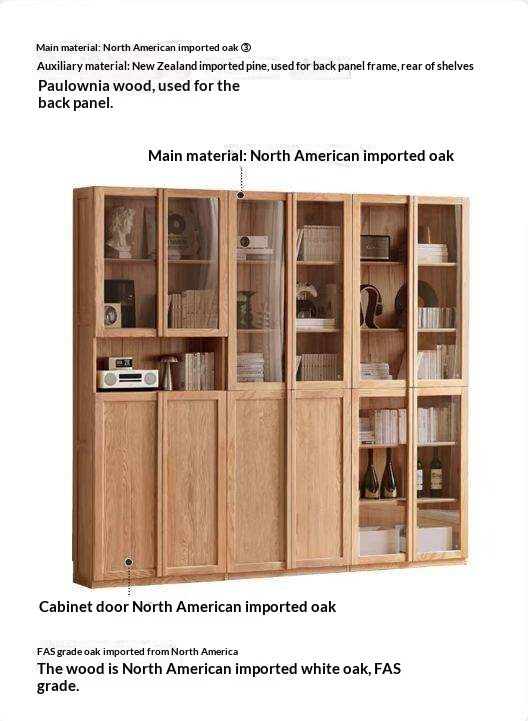 Oak Solid Wood Bookcase with Glass Doors, Large Oak Storage Cabinet for Living Room Display
