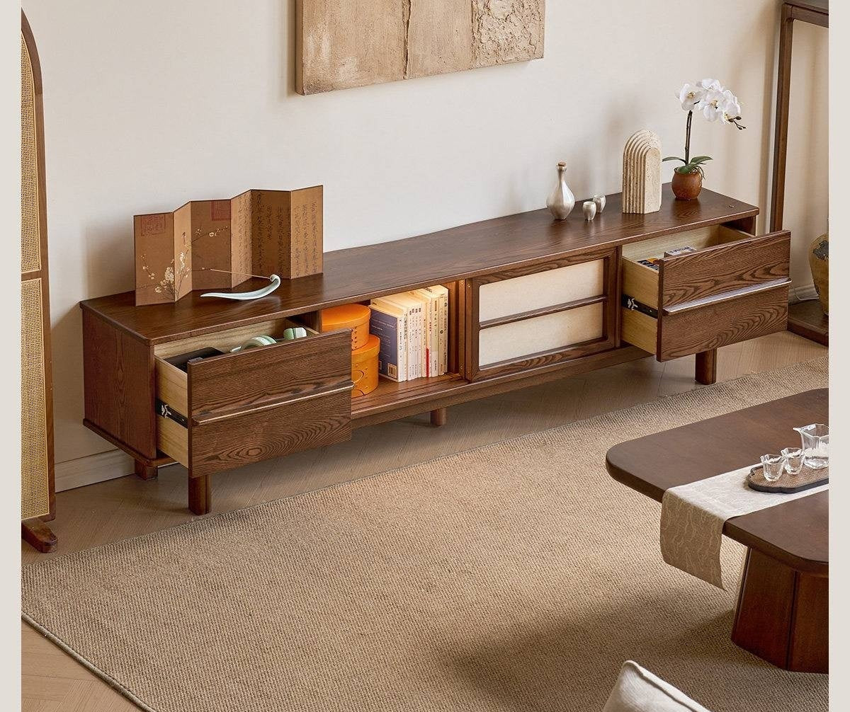 Ash Solid Wood Japanese Shoji-Style TV Console with LED Ambient Lighting