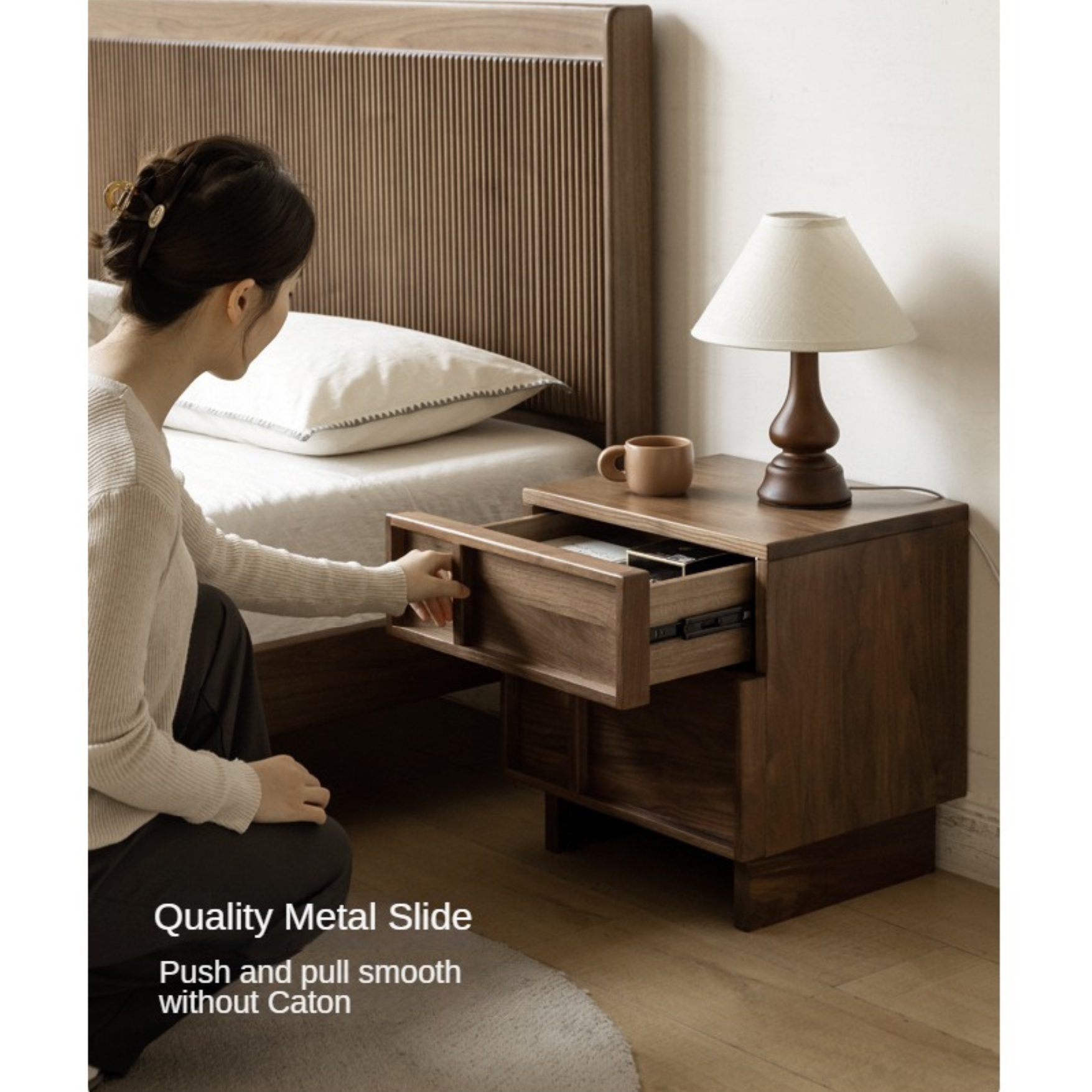 Black Walnut Solid Wood Storage Bedside Nightstand ,