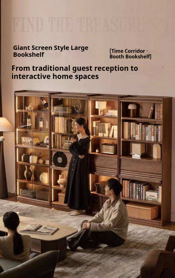 Black Walnut Solid Wood Combination Bookcase with Wall Storage and Floor Display