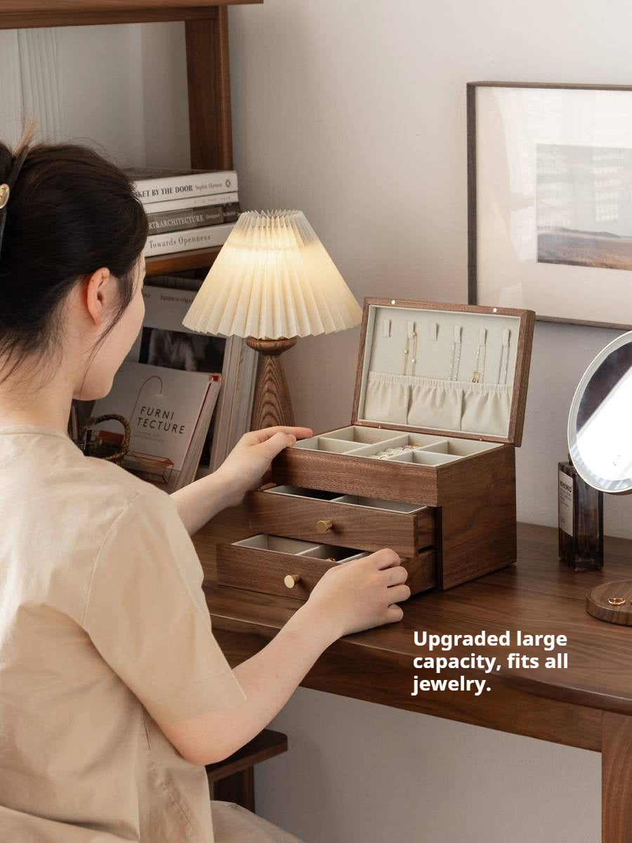 Black Walnut Solid Wood Jewelry Box with Large Capacity for Earrings and Necklaces