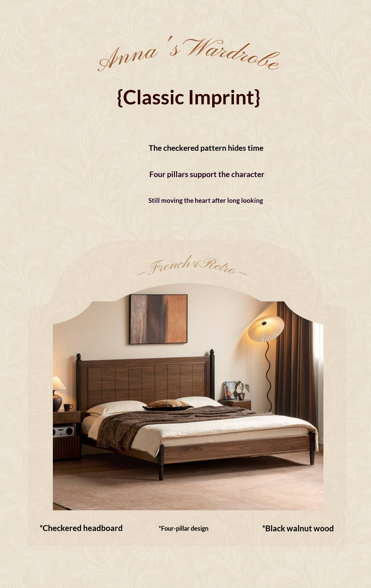 Black Walnut Solid Wood Four Poster Bed with Grid Panel Headboard
