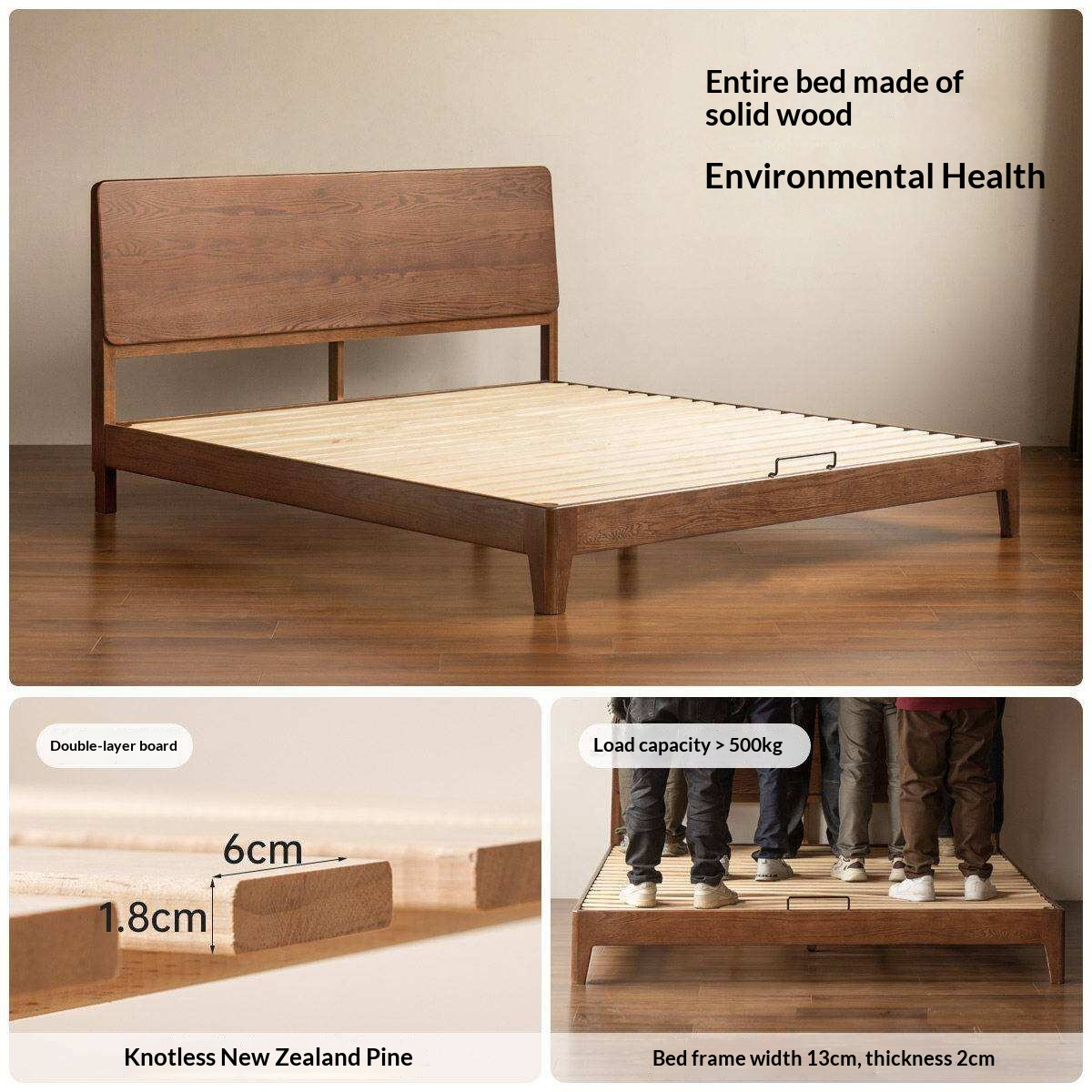 Oak Solid Wood Bed Platform Bed with Rectangular Panel Headboard and Tapered Legs
