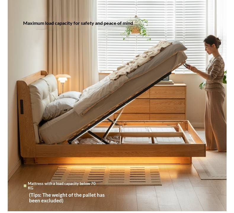 Oak Solid Wood Modern Leather Storage Bed, LED Lighting and USB Charging