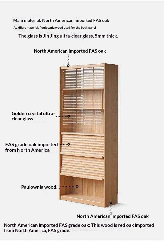Oak, Beech Solid Wood Bookcase With Glass Door Floor-Standing Bookshelf Multi-Layer Storage Rack Free Combination Display Cabinet