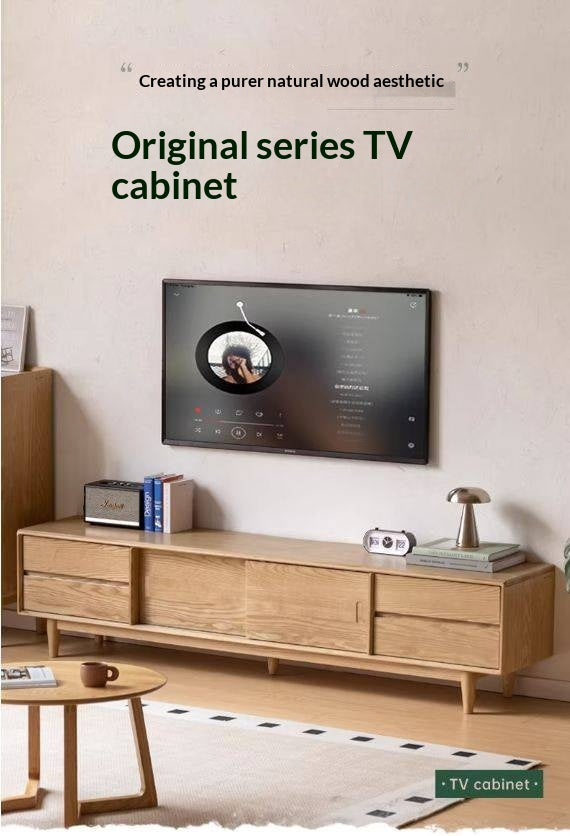 White Ash, Ash Solid Wood TV Stand with Sliding Doors and Sleek Finish