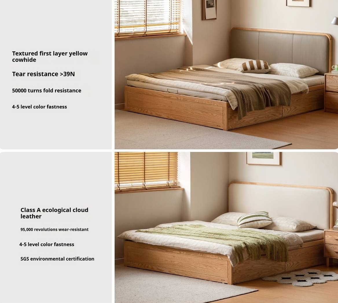 Oak Solid Wood Genuine Leather,  Eco-leather Box Bed