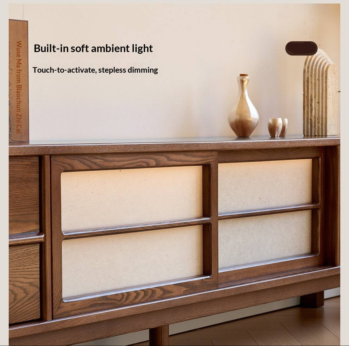Ash Solid Wood Japanese Shoji-Style TV Console with LED Ambient Lighting