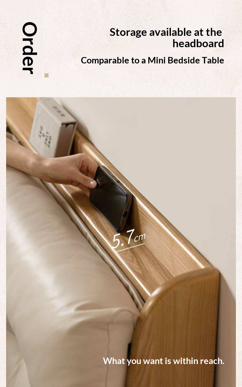 Ash Solid Wood Genuine Leather Upholstered Storage Bed with Electric Lift and LED Lighting