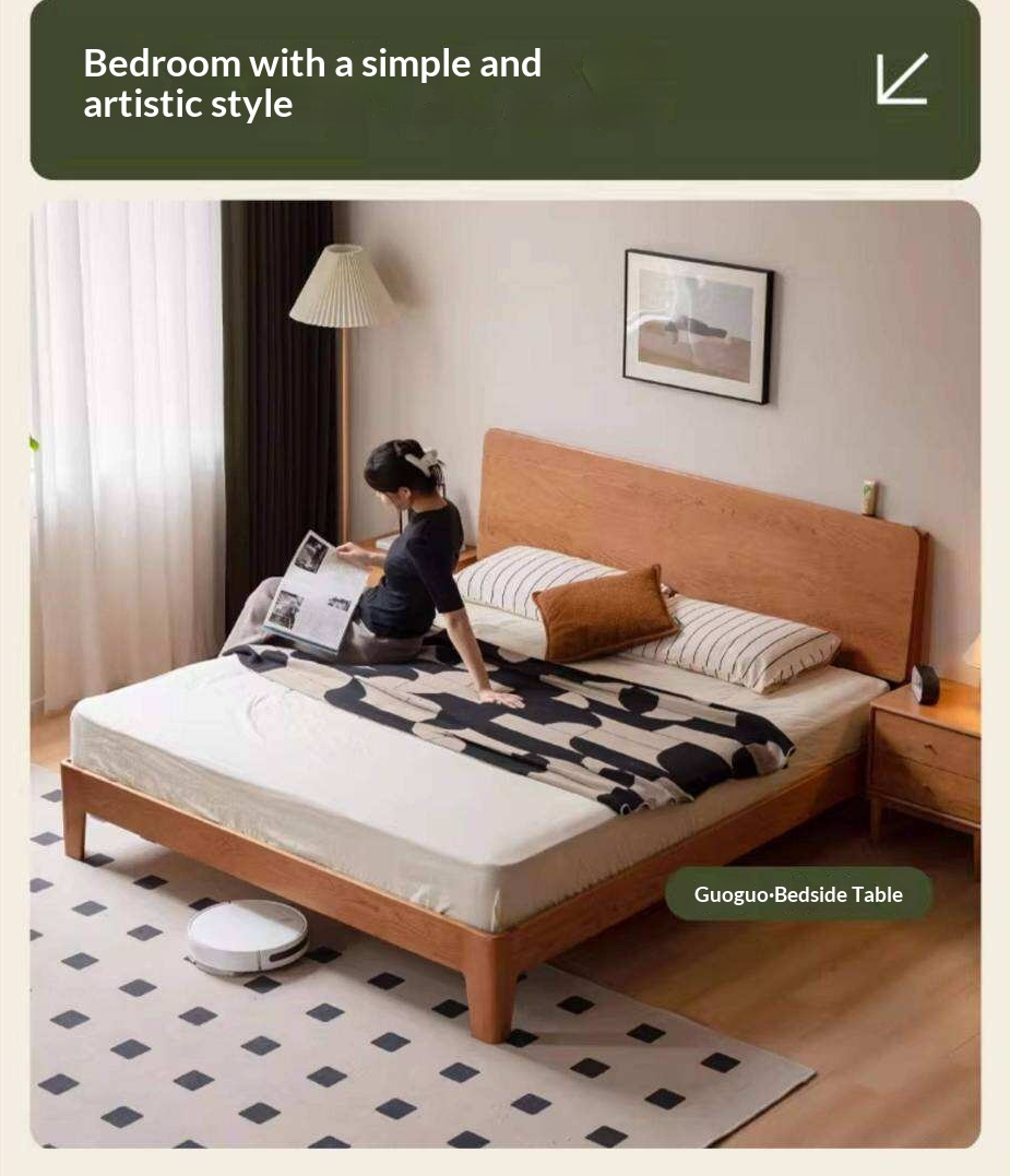 Cherry Solid Wood Platform Bed with Slightly Reclined Panel Headboard and Tapered Legs