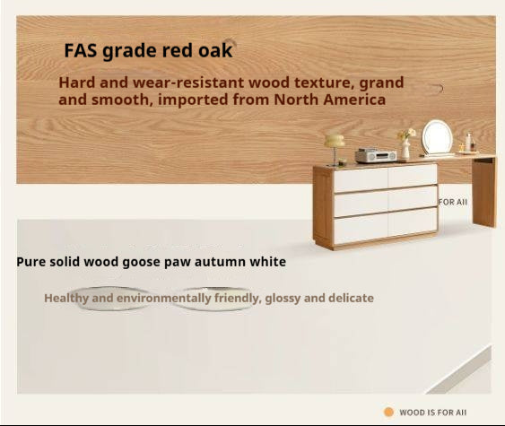 Oak Solid Wood Vanity Table & Storage Cabinet Set Cream Style