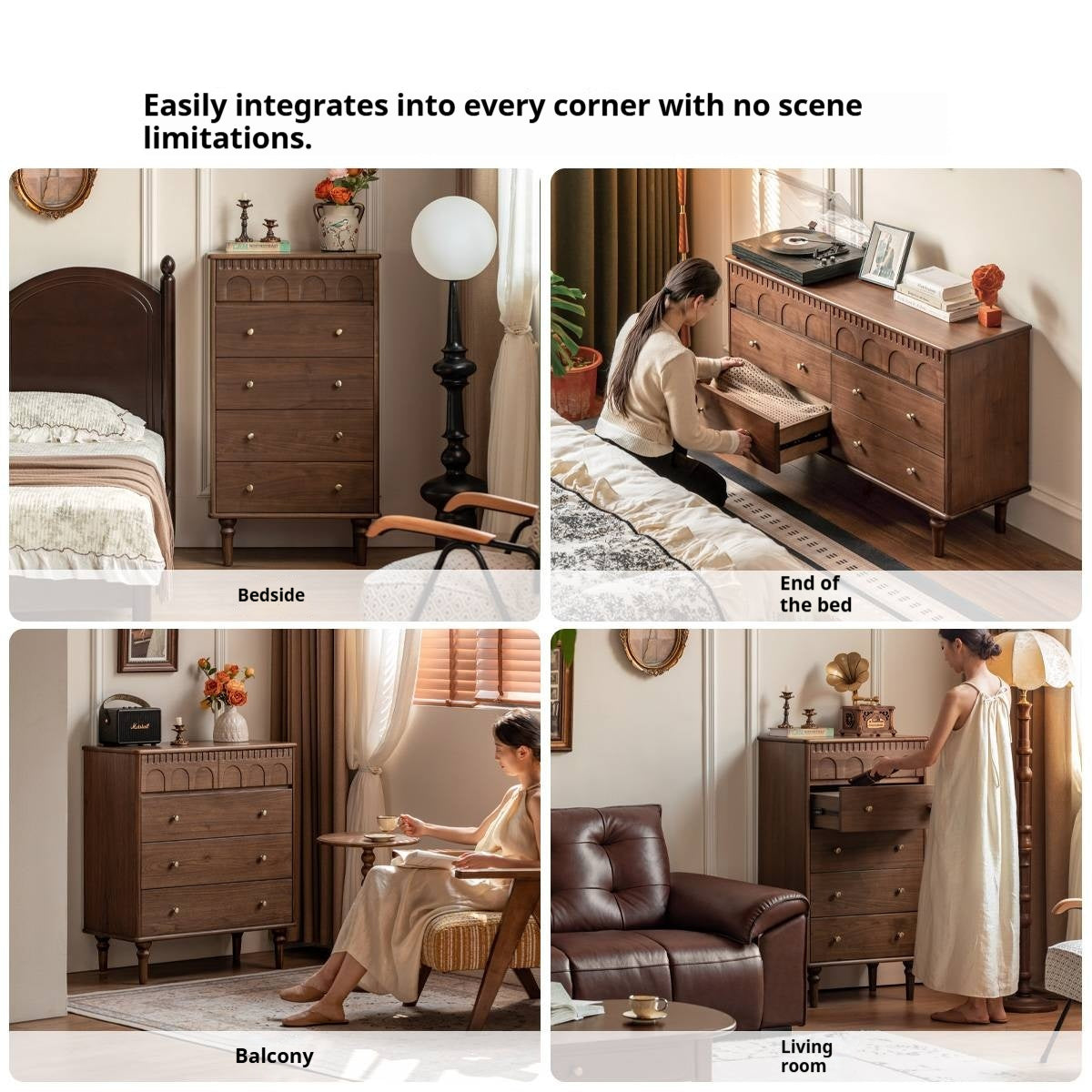 Black Walnut, Poplar, Solid Rubberwood French Retro Chest of Drawers