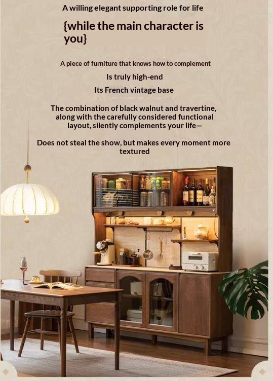 Black Walnut Solid Wood Buffet Cabinet with Retro Style and Rock Board Surface