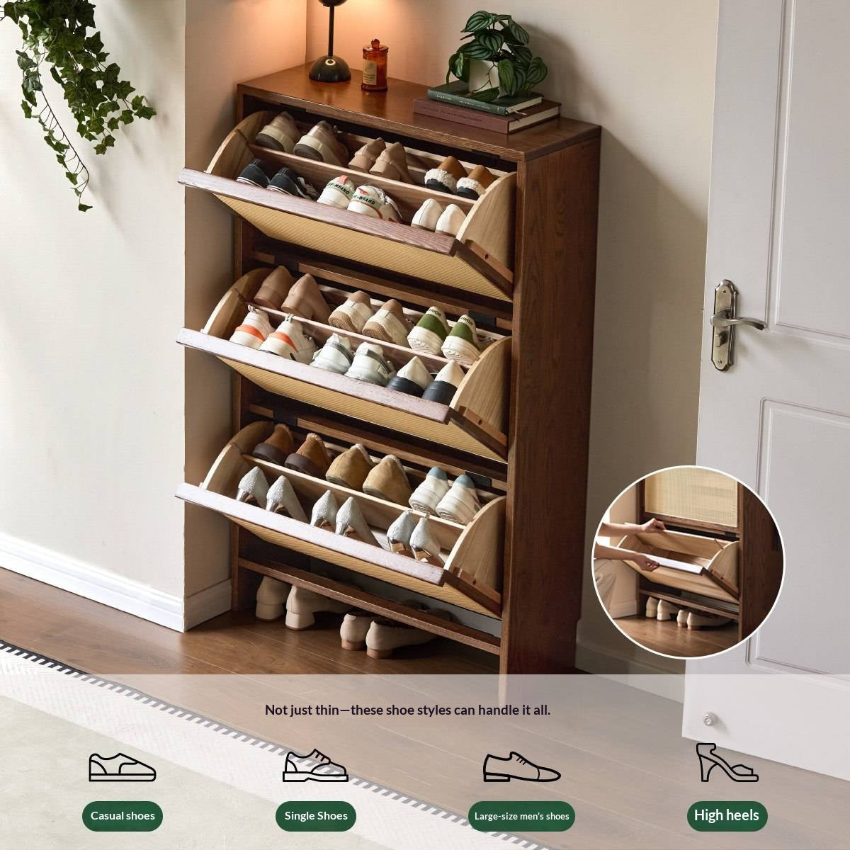 Oak Solid Wood Slim Entryway Shoe Cabinet with Rattan Flip-Down Doors