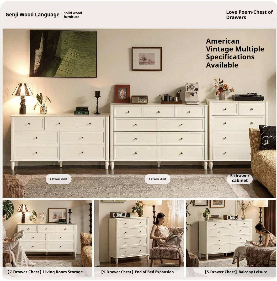 Rubberwood Solid Wood Bedroom Dresser with Elegant White Finish