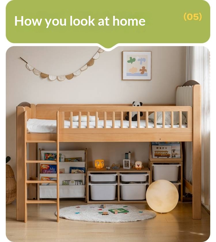 Beech Solid Wood Children's Soft Backrest Storage Loft Bed with Night Light