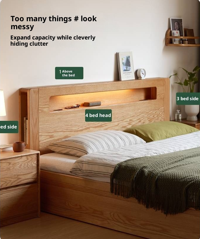 Oak Solid Wood Modern Minimalist Multifunctional with Light Box Bed
