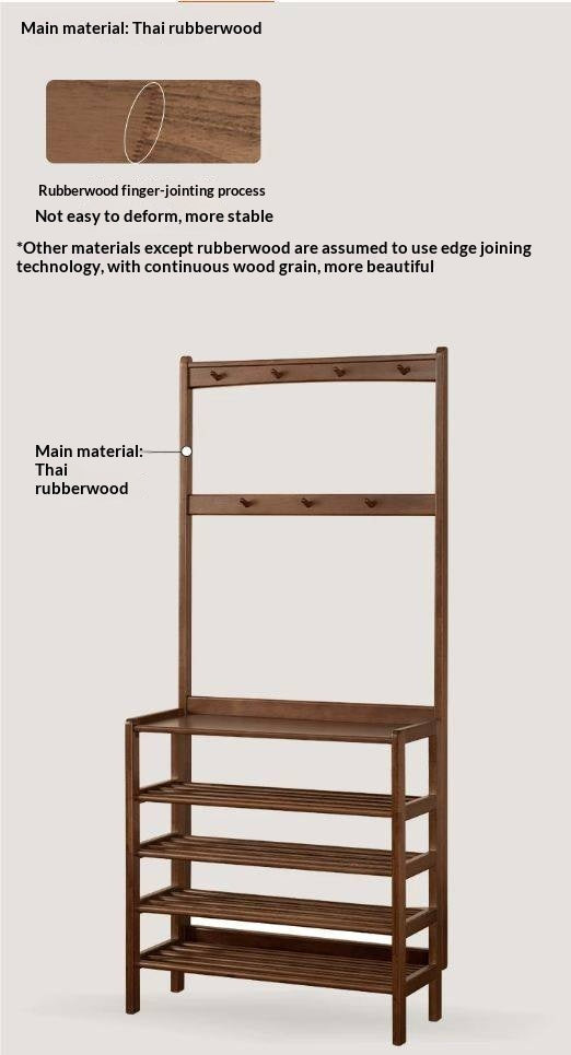 Solid RubberWood Modern Entryway Shoe Rack with Top Shelf and Hooks
