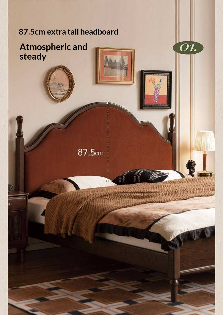 Ash Solid Wood Upholstered Bed with Tall Arched Headboard and Turned Finial Posts
