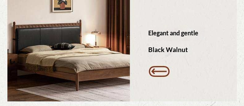 Cherry Solid Wood Double Bed with Vintage Style and Leather Upholstered Headboard