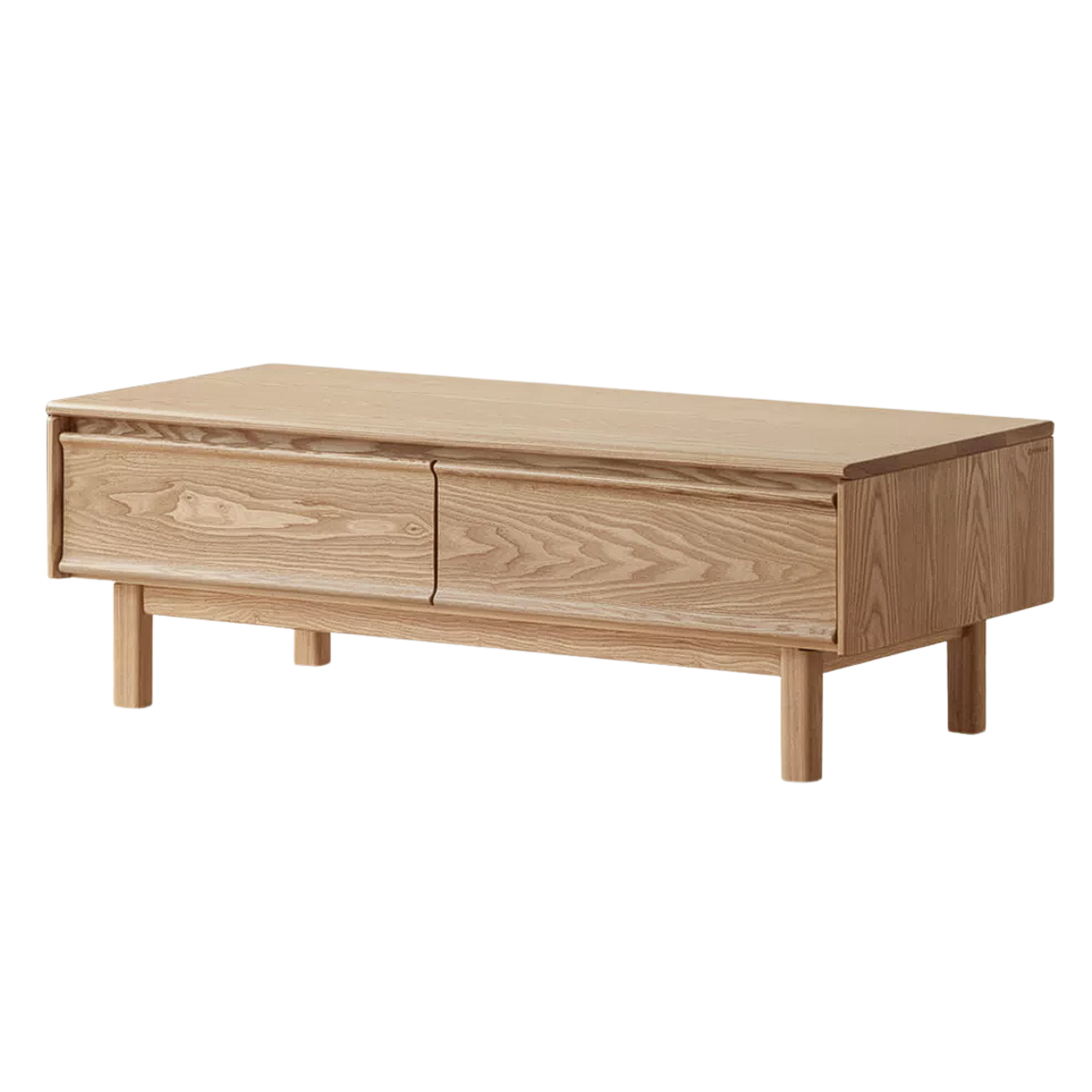 Ash Solid Wood Coffee Table with Beveled Edge, Two Drawers, Tapered Legs