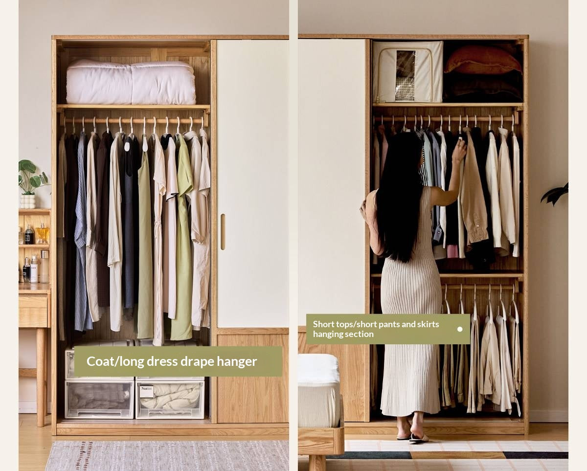 Oak Solid Wood Wardrobe with two-tone Sliding Doors