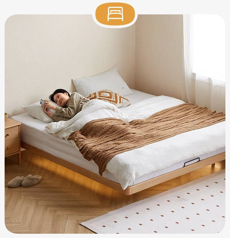 Beech Solid Wood Platform Bed, Headboard-Free Bed, Flush-Edge Floating Bed
