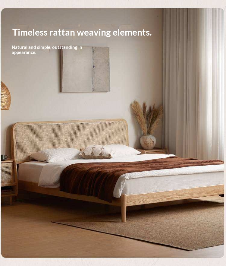Oak Solid Wood Platform Bed with Curved Rattan Headboard