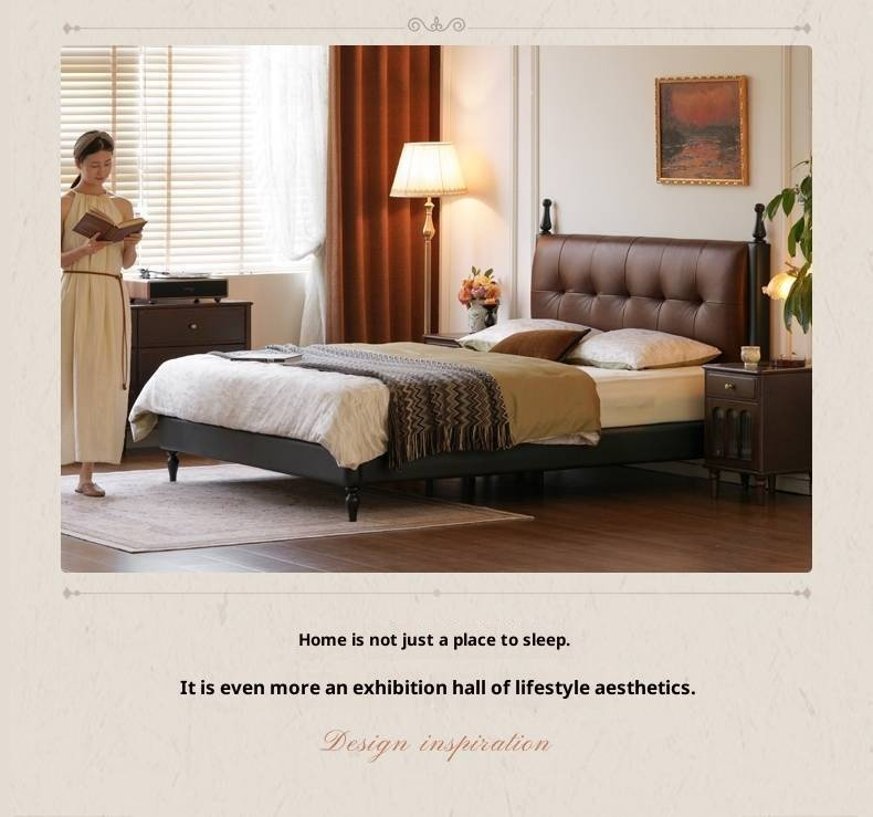 Luxury Genuine Leather Soft Backrest Bed, American Retro Style