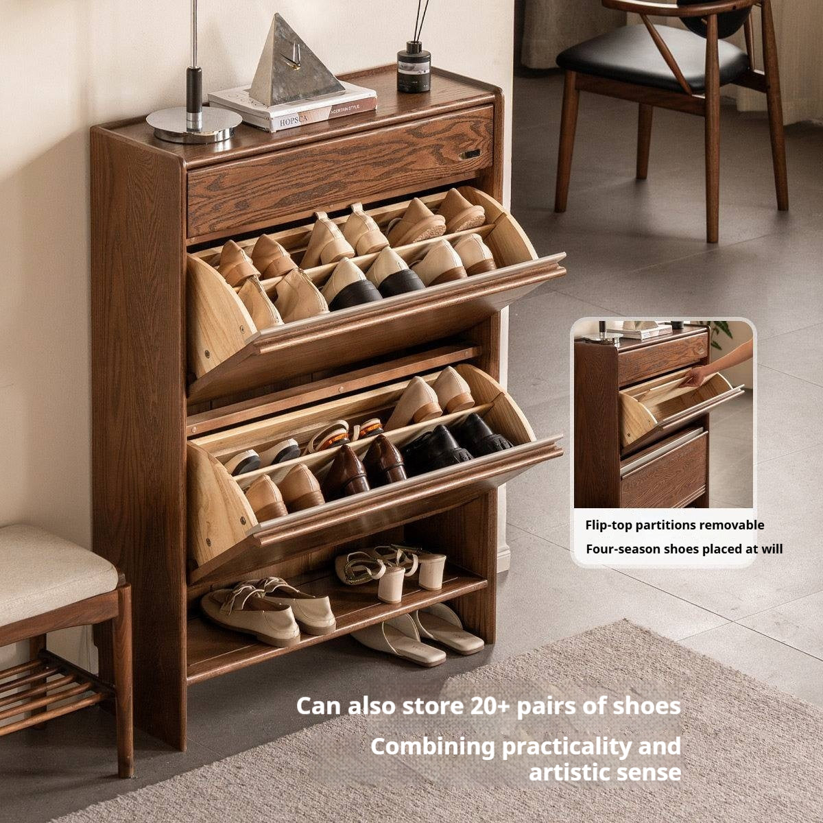 Oak Solid Wood Shoe Cabinet with Flip Doors and Light Italian Luxury Finish