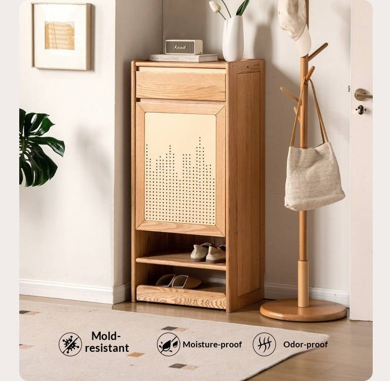 Oak Solid Wood Narrow Shoe Storage Cabinet with Pull-Out Drawer