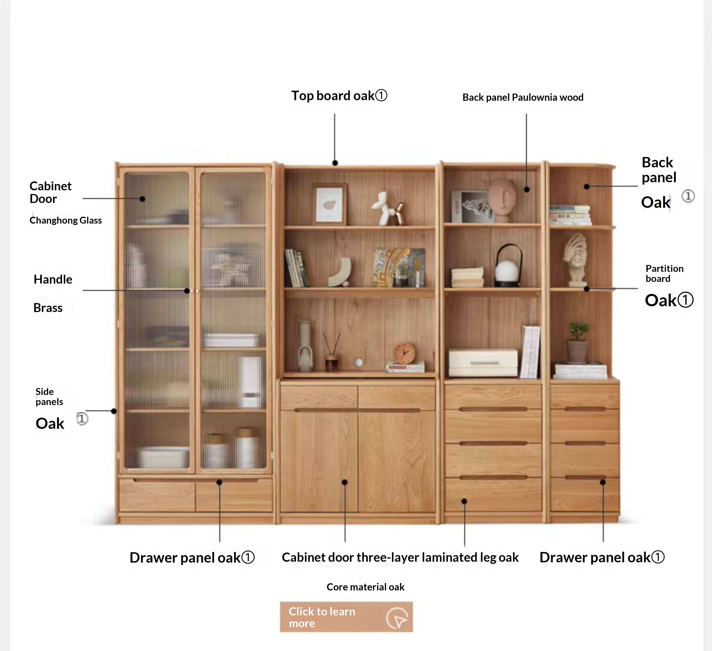 Oak Solid Wood Bookcase Free Combination Floor-to-ceiling Bookshelf