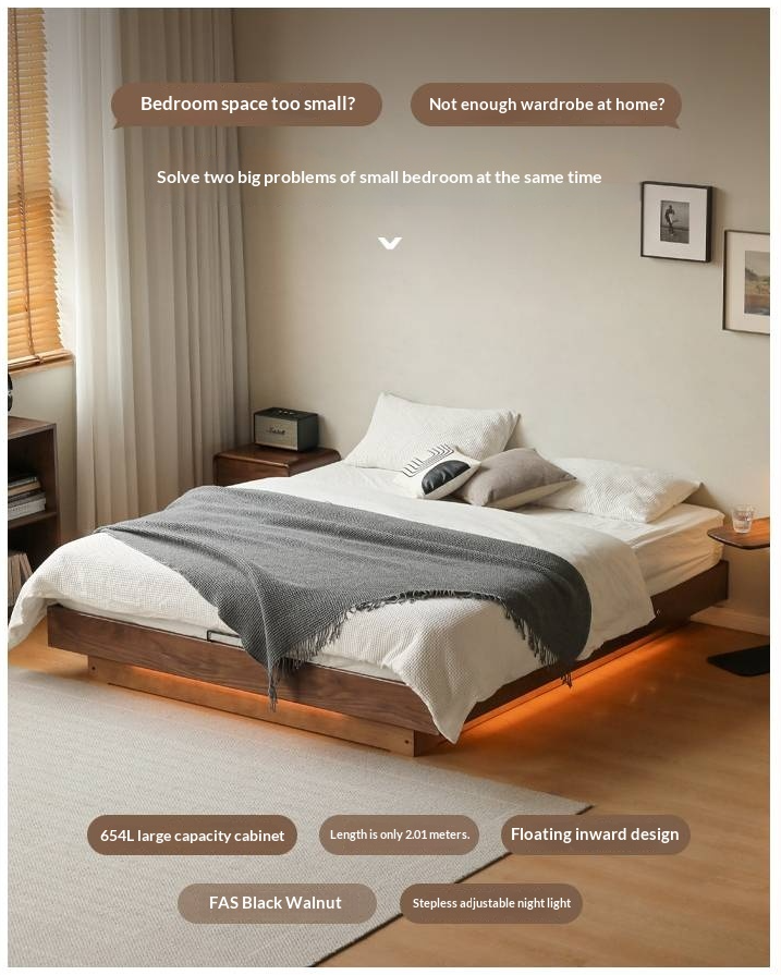 Black Walnut Solid Wood Platform Box Bed, Headboard-Free Bed Night Light Suspended Bed