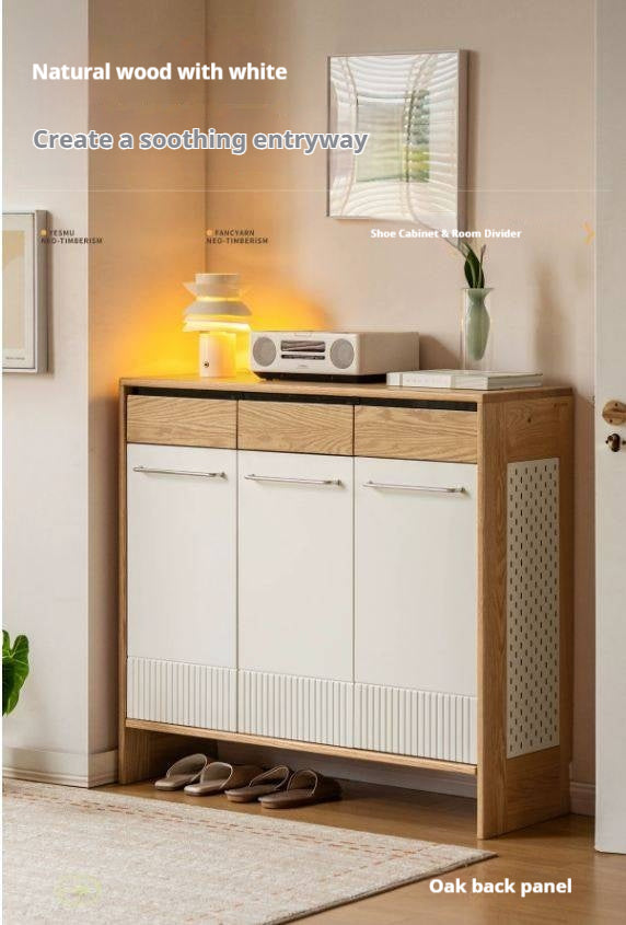 Oak Solid Wood Large Capacity Shoe Storage Cabinet with Fluted Panel Doors and Adjustable Shelves