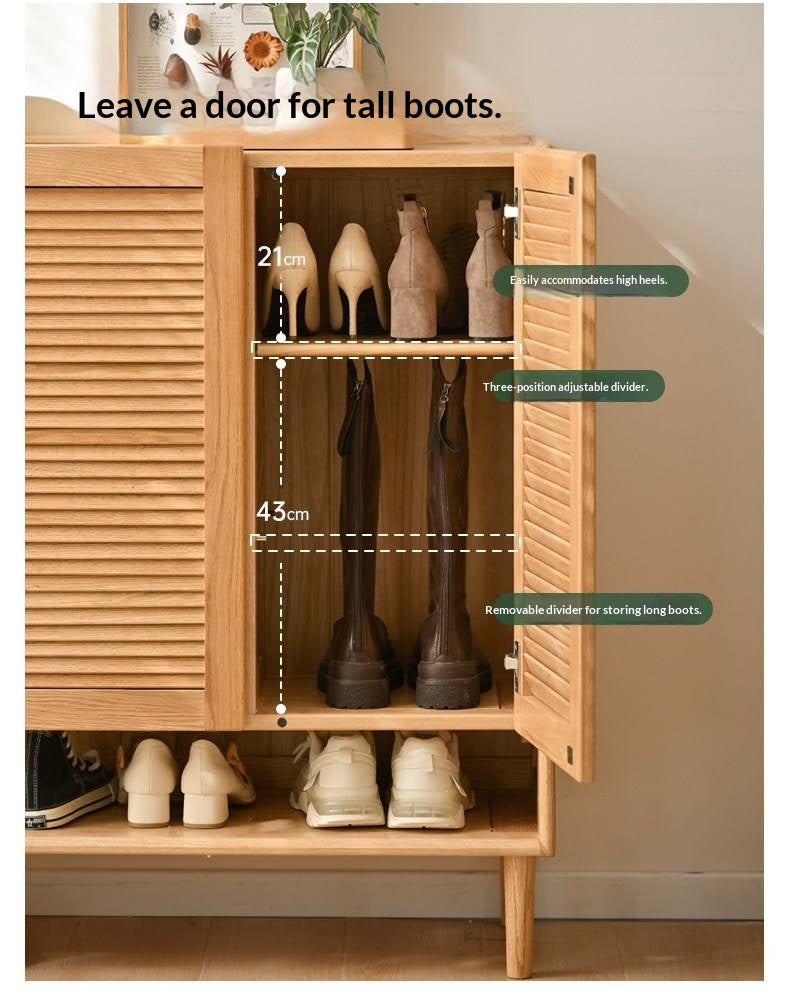 Oak Solid Wood Louvered Door Shoe Cabinet with Open Shelf for Entryway