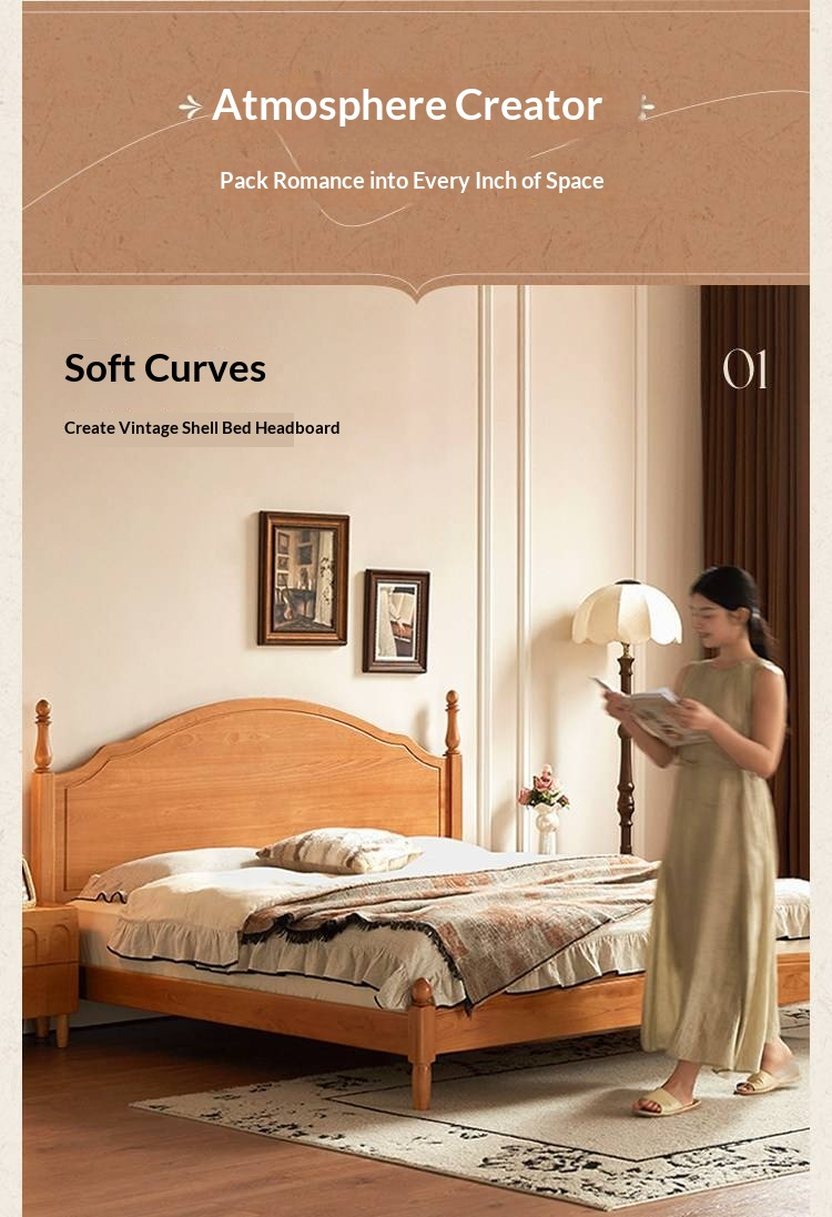 Birch Solid Wood Bed — French Retro Style, Large Slab Design, Mid-Range Style