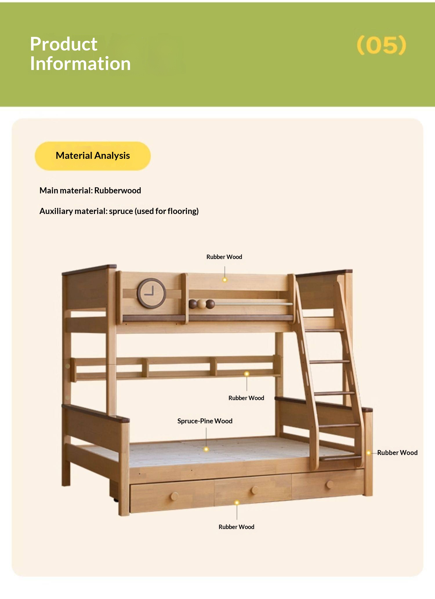 Rubberwood Solid Wood Children's Bunk Bed