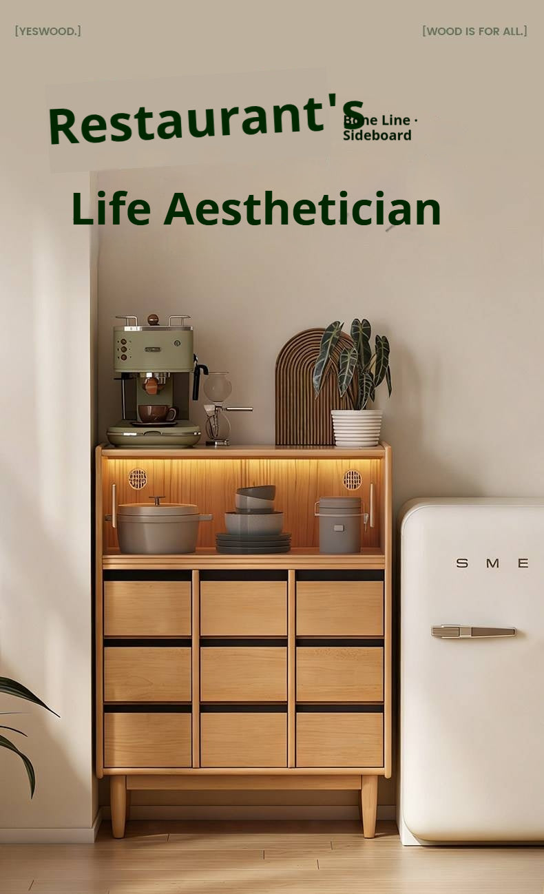 Solid Rubberwood Dining Sideboard with Glass Doors