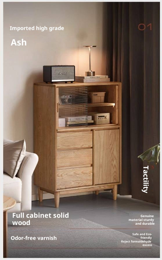 Ash Solid Wood Modern Minimalist Side Cabinet with Light.