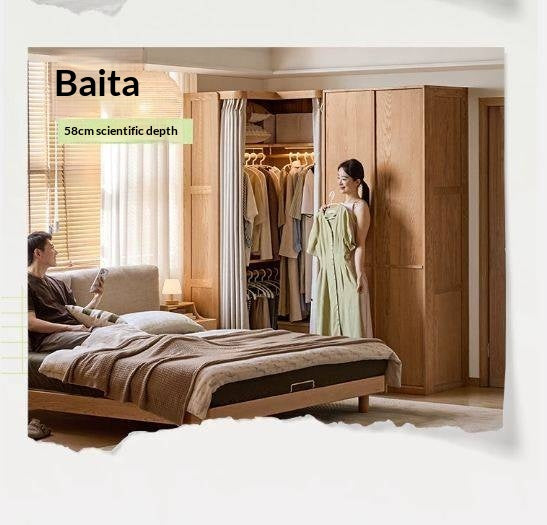 Oak Solid Wood Corner Wardrobe with Removable and Washable Fabric Curtain