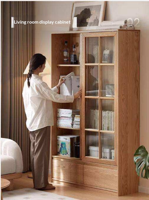 Ash Solid Wood Bookcase with Sliding Doors and Floor-to-Wall Glass Display Cabinet