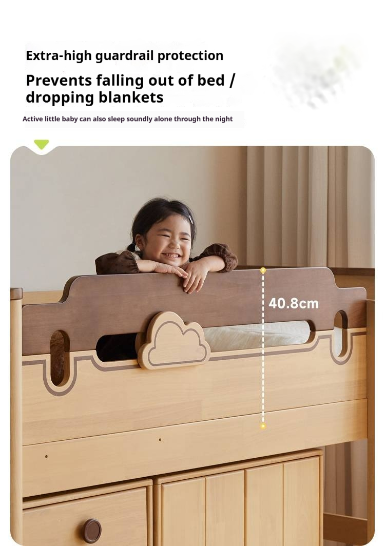 Rubberwood Solid Wood Children's Loft Bed with Under-Bed Cabinets