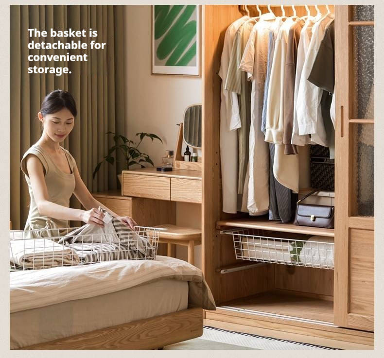 Oak Solid Wood Wardrobe Cabinet with Minimalist Songshi Storage