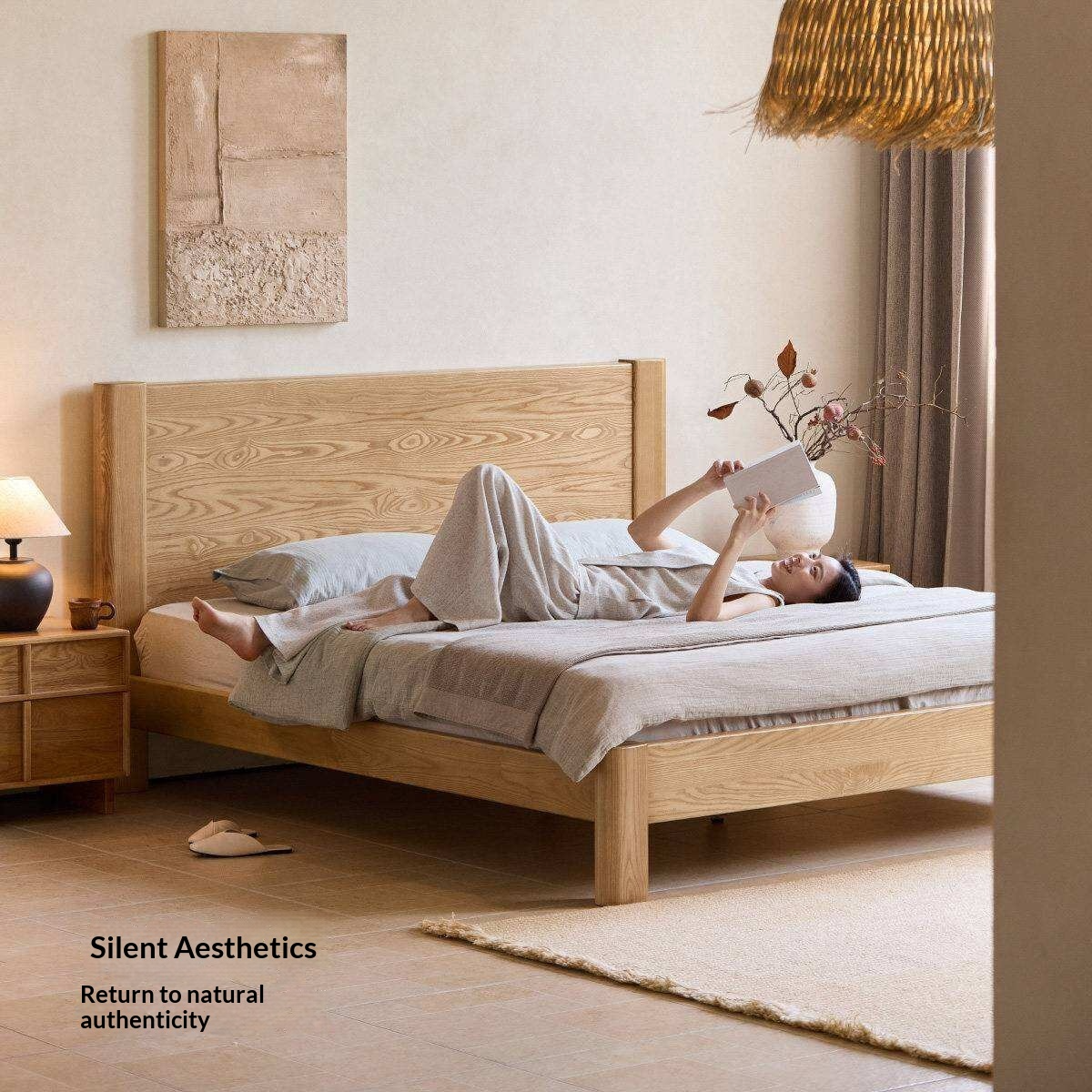 White Ash Solid Wood Platform Bed with Tall Flat Panel Headboard
