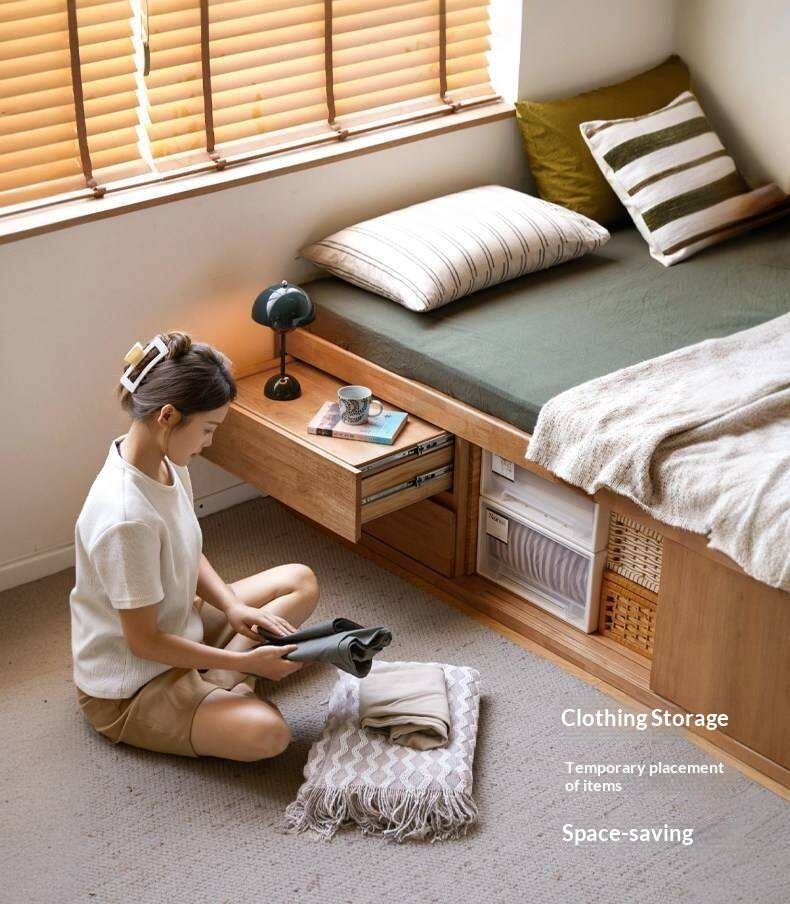Rubberwood Solid Wood Low Platform Storage Bed with Side Drawers