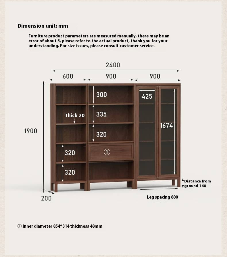 Black Walnut, Oak Solid Wood Nordic Bookcase with Glass Door