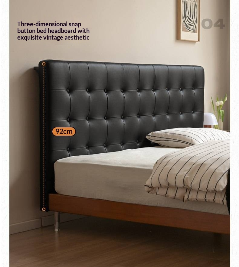 Tulipwood Solid Wood Bed — Bauhaus Style with Soft Genuine Leather Headboard