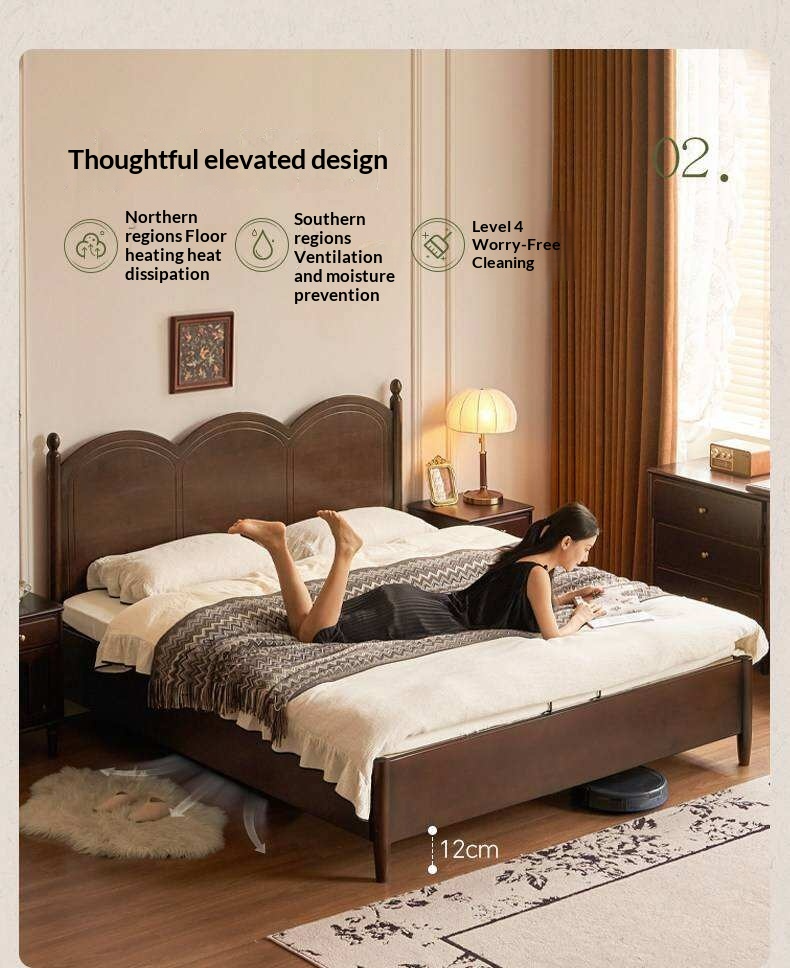 Poplar Solid Wood Bed with French Retro Style and Large Off-the-Floor Box Design